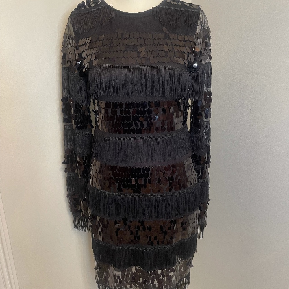 Sequin and Tassel Long Sleeve Bodycon Black Dress
